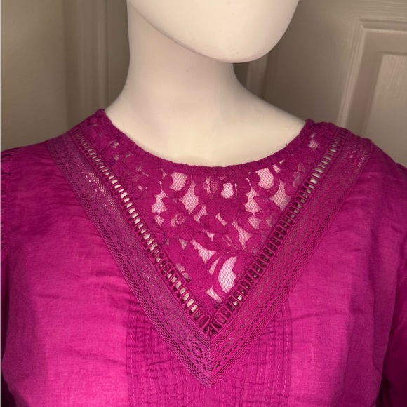 Farm Rio Fuchsia Pink Smocked Puff Sleeve Blouse with Bib Collar - Picture 7 of 13